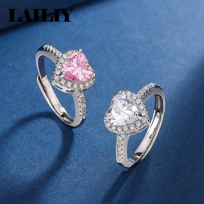 Women's 925 Sterling Silver Adjustable Pink Heart Diamond Ring