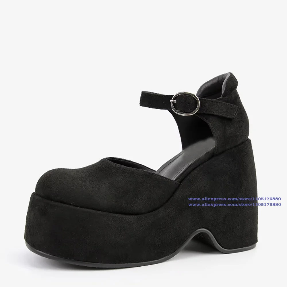 

Черные замшевые туфли-лодочки на платформе с танкеткой, с ремешком на щиколотке, в стиле Мэри Джейн, на массивном каблуке, женские туфли
