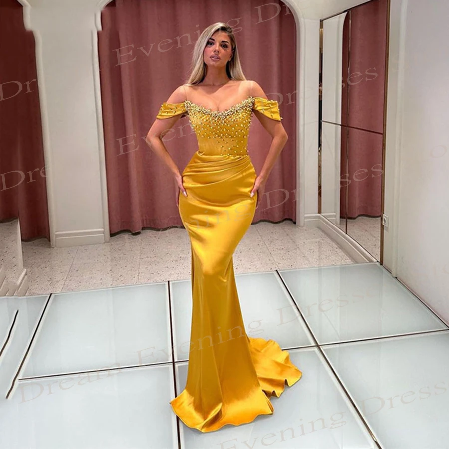 2024 Elegant Yellow Women's Mermaid Generous Evening Dresses Modern Off The Shoulder Sleeveless Prom Gowns Pleated Beaded Abiye