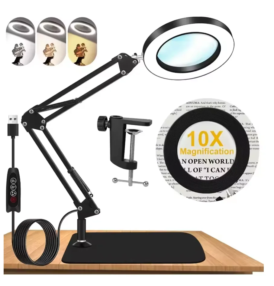 10X foldable Illuminated Magnifier 3 Colors LED Magnifying Glass with Light for Repair/Works/Table Lamp and Skincare Beauty Tool