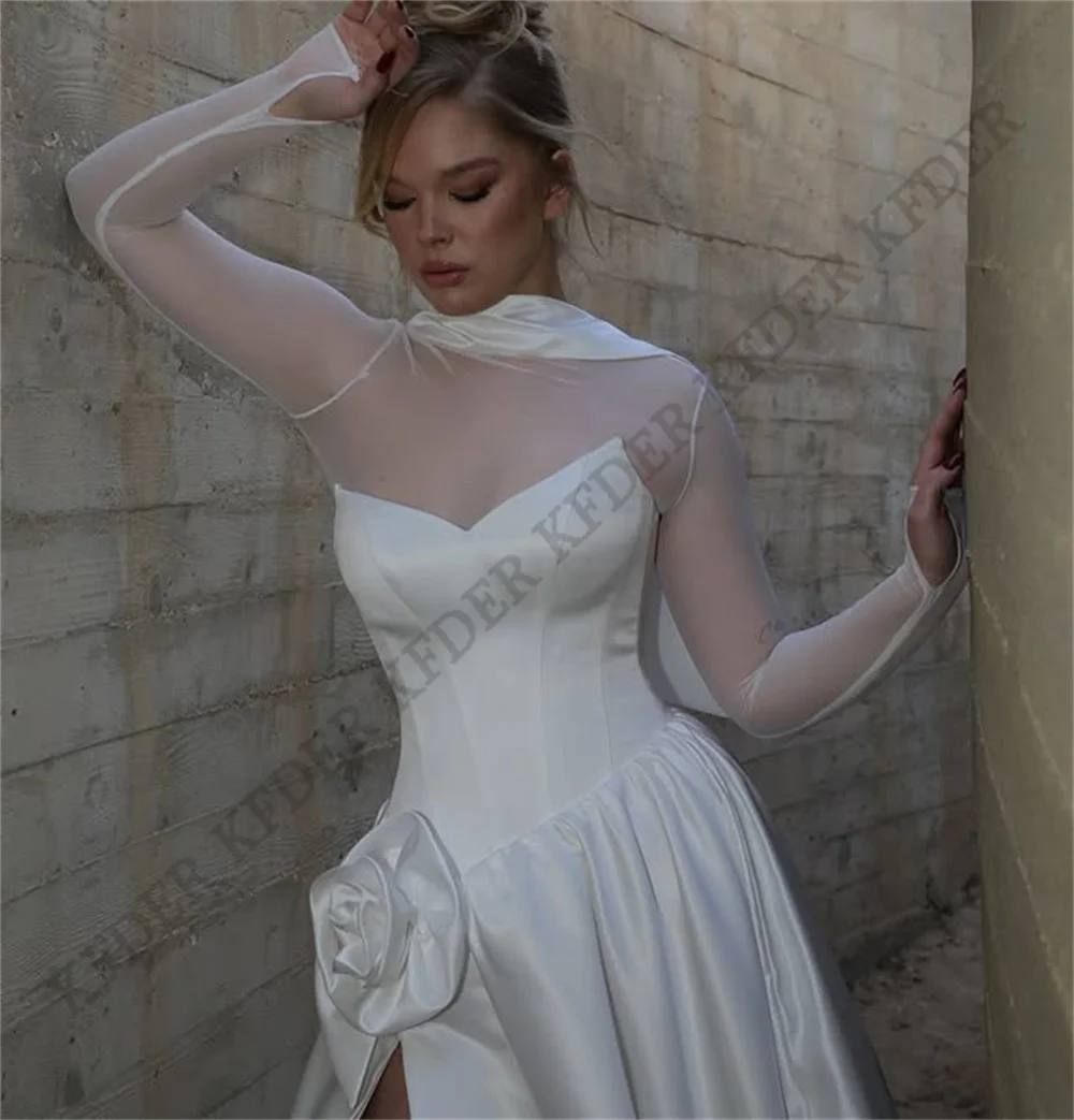 Elegant Satin Wedding Dresses A-Line High Neck Long Sleeves Pleated Bride Prom Gown Side Slit Modest Bridal Gowns Customized