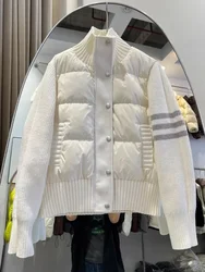 White Warm Down Jacket Winter Fashion Casual Collar Knitted Spliced Sleeve Short Coats High Quality White Duck Downs Coat Women