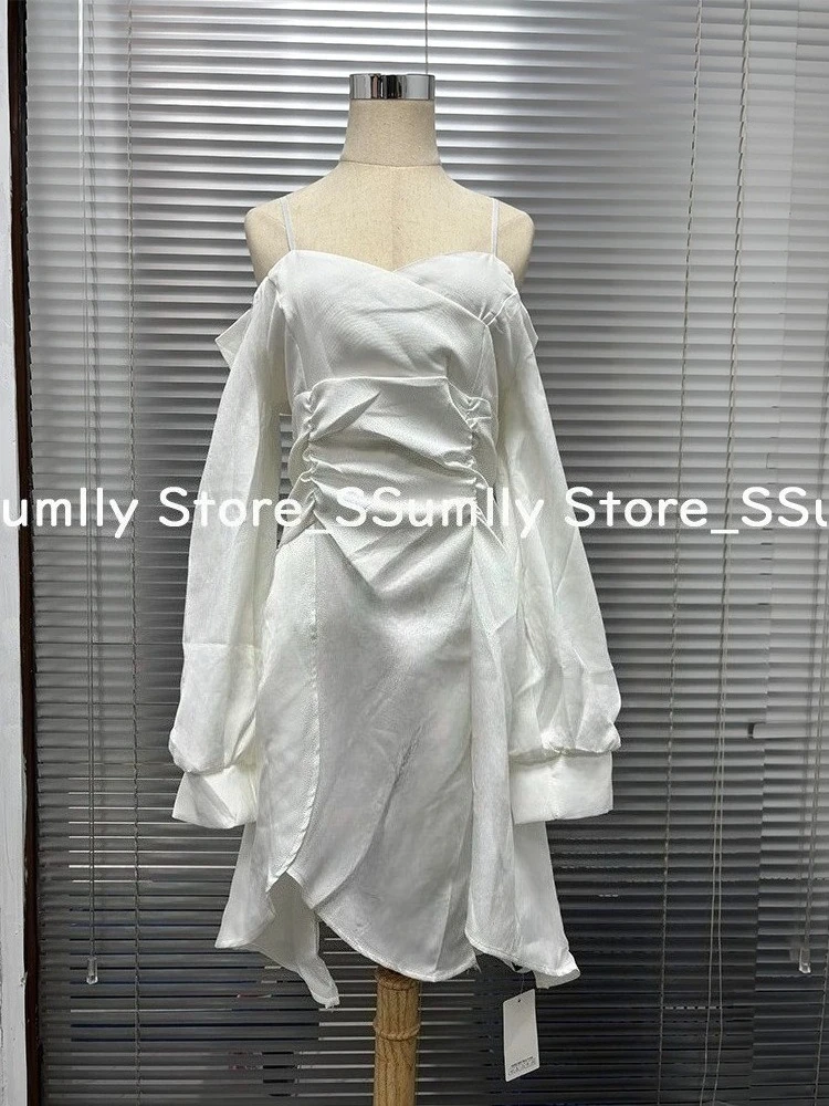 2025 New White Off Shoulder Strap Dress Women Spring Elegant Slim Fit A-line Short Dresses French Sexy Pleated Female Clothes - Image 5