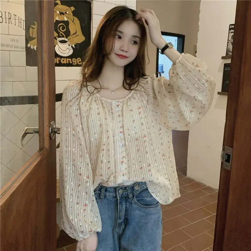 Temperament Floral Loose Blouse Summer New Long Sleeve Button All-match Printing Korean Shirt Tops Fashion Sweet Women Clothing