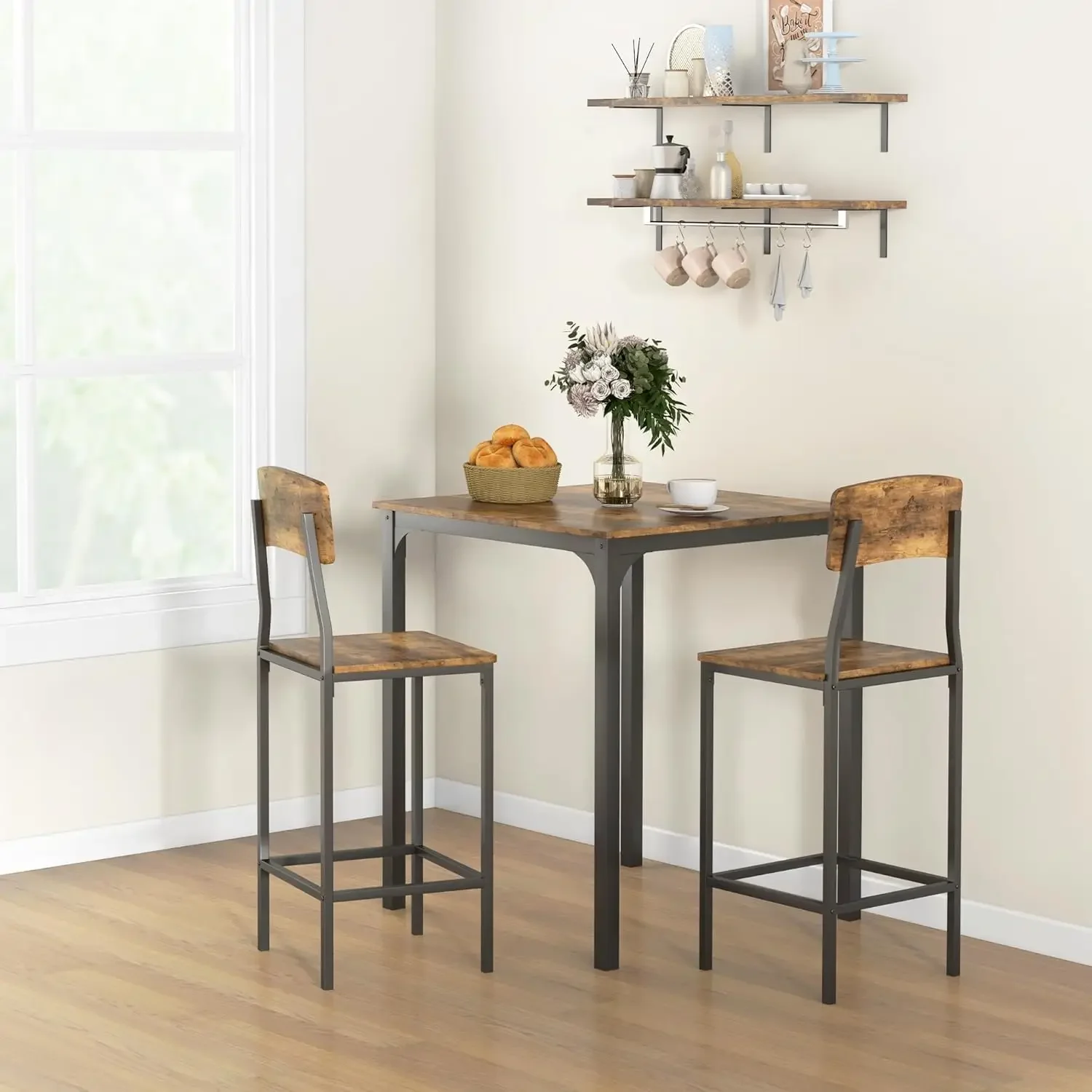Industrial Small Dining Table Set for 2, Square Kitchen Table and Stools with Steel Frame, Walnut and White