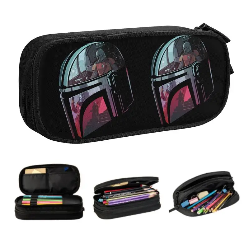 Custom Mandalorians Helmet Reflection Fan Cute Pencil Cases Girls Boys Large Capacity Pencil Pouch School Supplies