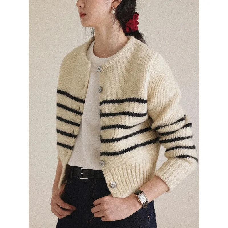

Women's Knitted Sweater Autumn Winter Stripes Cardigan Literary Retro Design Versatile Loose Fit Gentle Style Comfortable