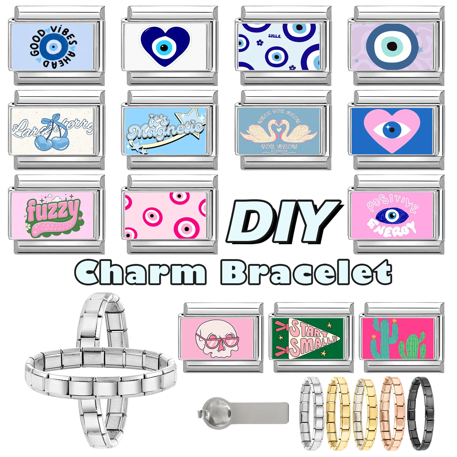New Printing Cute Eyes Skull Cactus Heart Cherry Italian Charm Links Fit 9mm Stainless Steel Bracelet Women Men DIY Making Gift