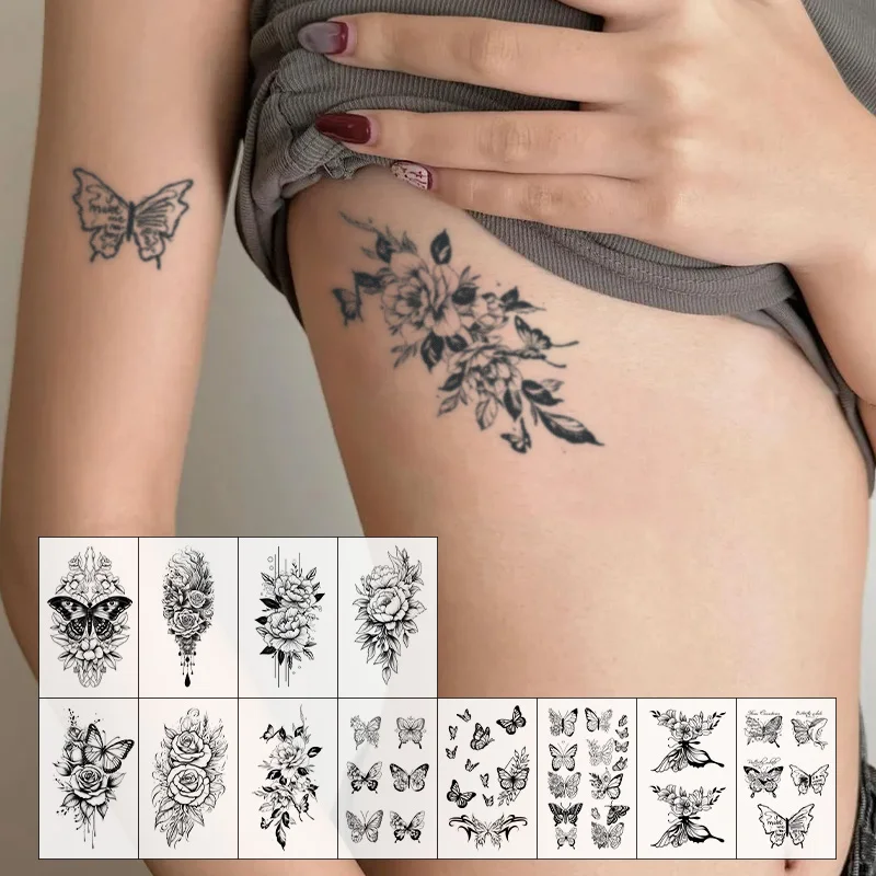 Flower and Butterfly Creative Temporary Tattoo Sticker, Long-lasting and Waterproof, Realistic Fake Tattoos for Women, Arm, Leg.