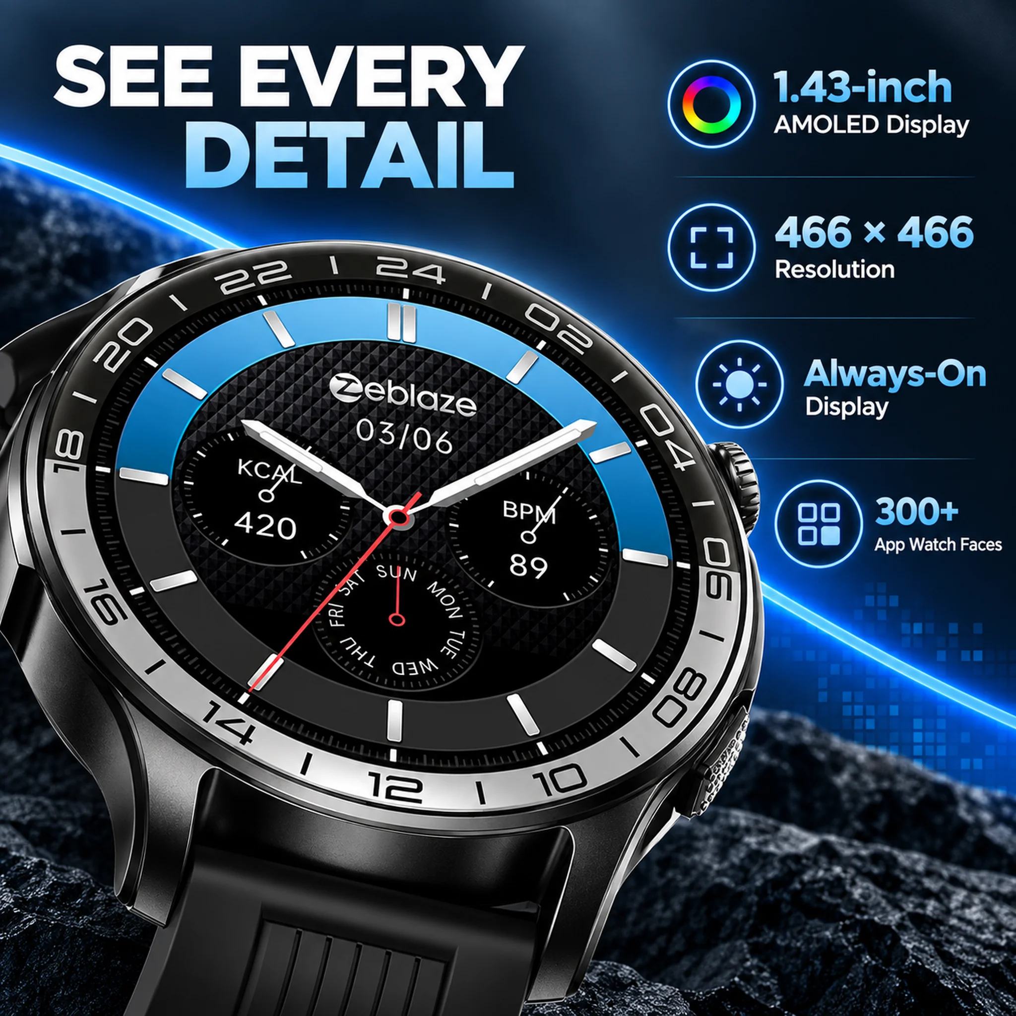 Zeblaze BTALK 4 Pro Smartwatch 1.43" AMOLED Pantalla Siempre Activa Llamada Bluetooth Teclado Batería 21 Días IP68 Resistente Agua Ritmo Cardíaco SpO2 Sueño 300+ Esferas Reloj Inteligente Deportivo Hombre Mujer