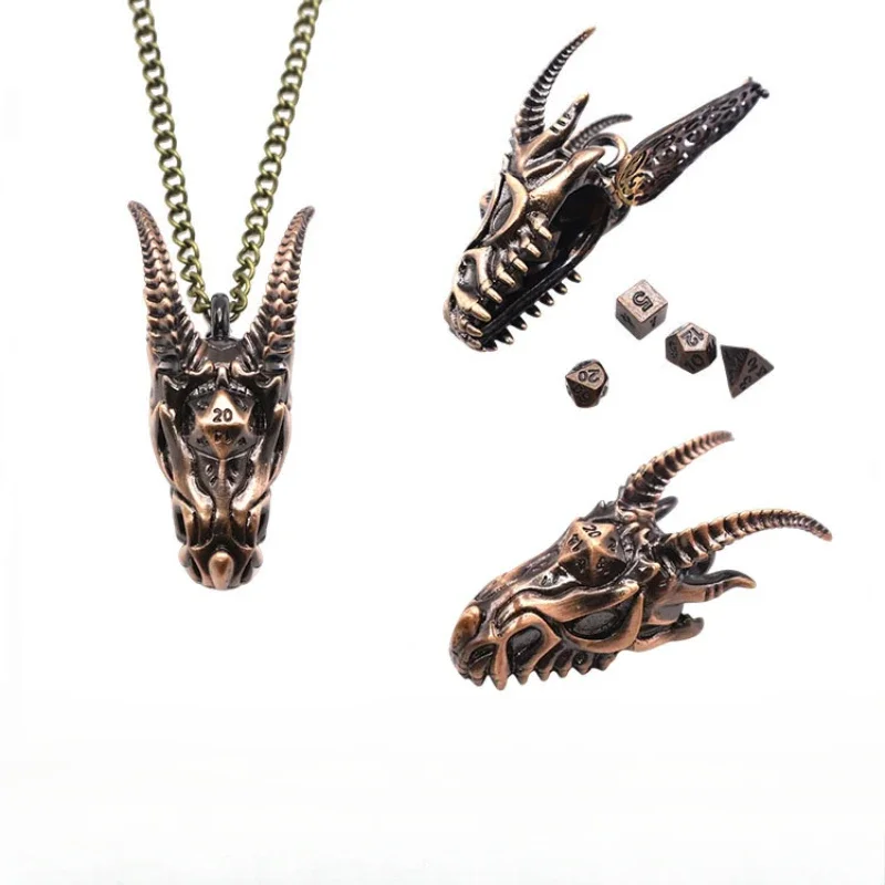 New Hot Sale Mini Dice 6mm Dungeons & Dragons Hollowed-out Dragon Head Pendant Necklace Metal Dice Set Multi-faceted Dice