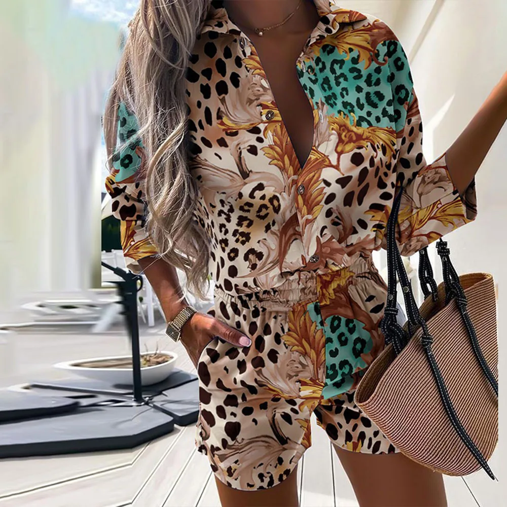 Casual Zwei Stück Sets 2022 Frühling Leopard Print Shorts Klage Halbe Hülse Shirts Tops Und Shorts 2 Stück Set-Taste hemd Outfits