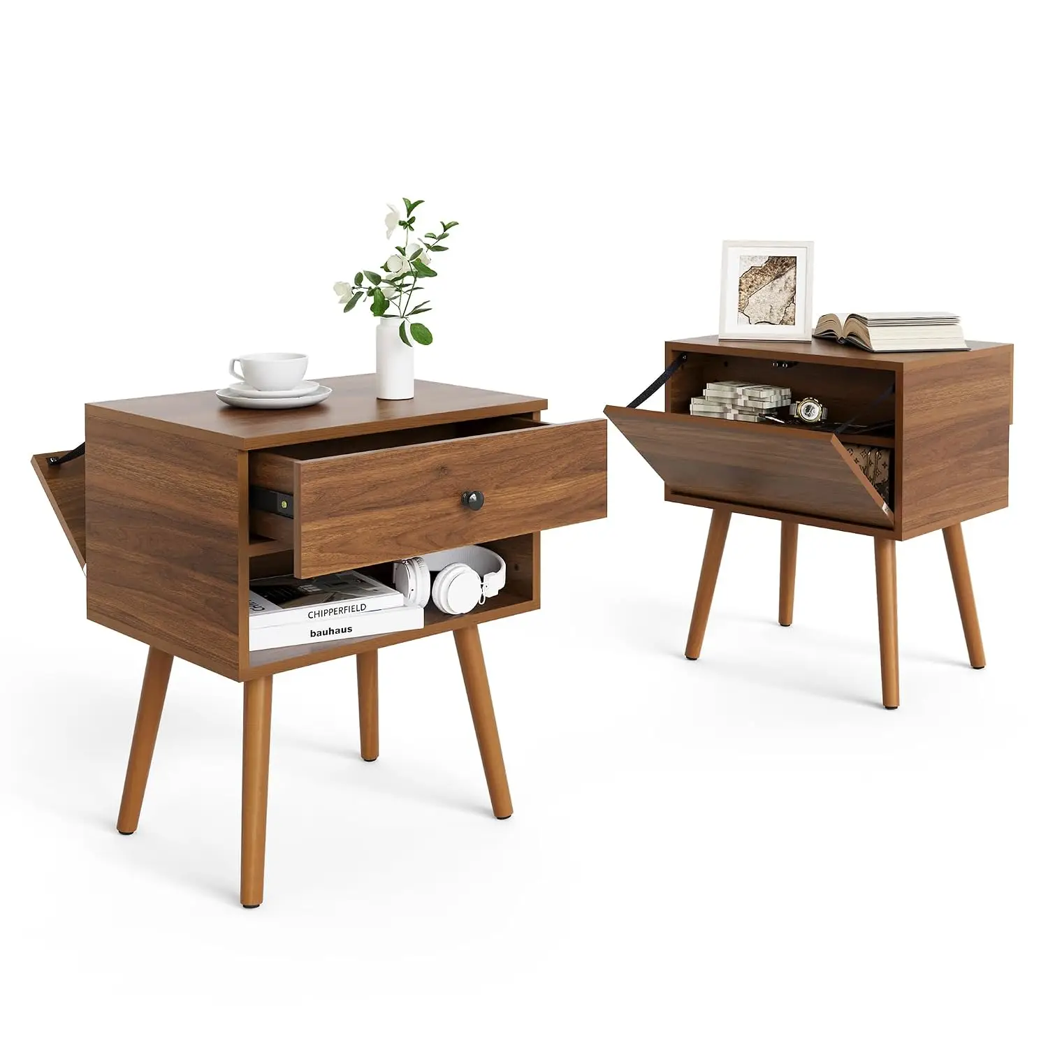 Mid Century Nightstand Set 2 with Hidden Compartment & Storage Drawer, Wood Legs Bedside Table for Bedroom, Walnut, Customized