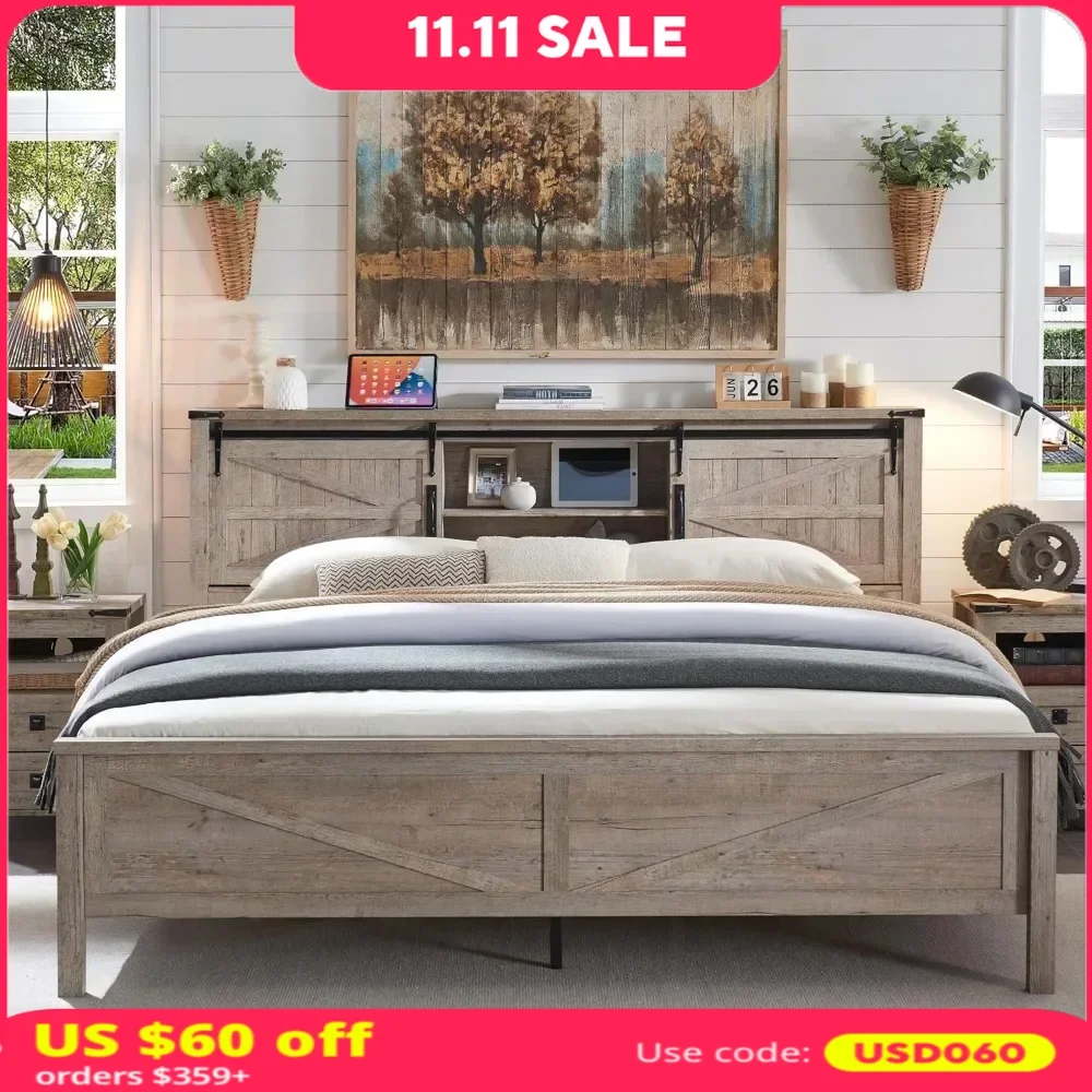

Full Bed Frame W/Storage Headboard, Charging Station, Wood Slats Support, No Box Spring Needed, Wood Platform Bed