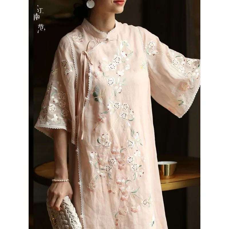 Summer Sweet Pink Heavy Embroidered Mid Sleeve Cheongsam Dress Women's Clothing Vintage Fairy Mandarin Dresses Modern Qipao