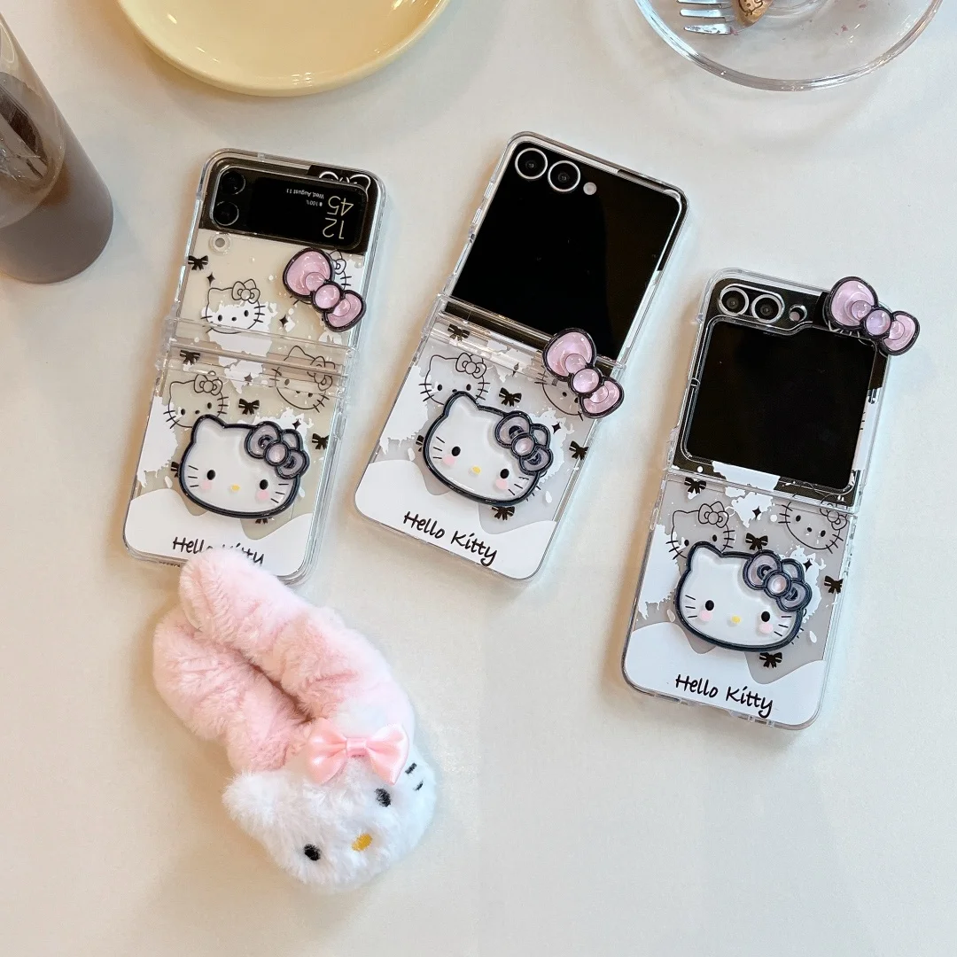 

Cartoon Hello Kitty Plush Lanyard Shockproof Phone Case for Samsung Galaxy Z Flip 7 6 5 4 3 Flip6 Flip5 5G Clear Protect Case