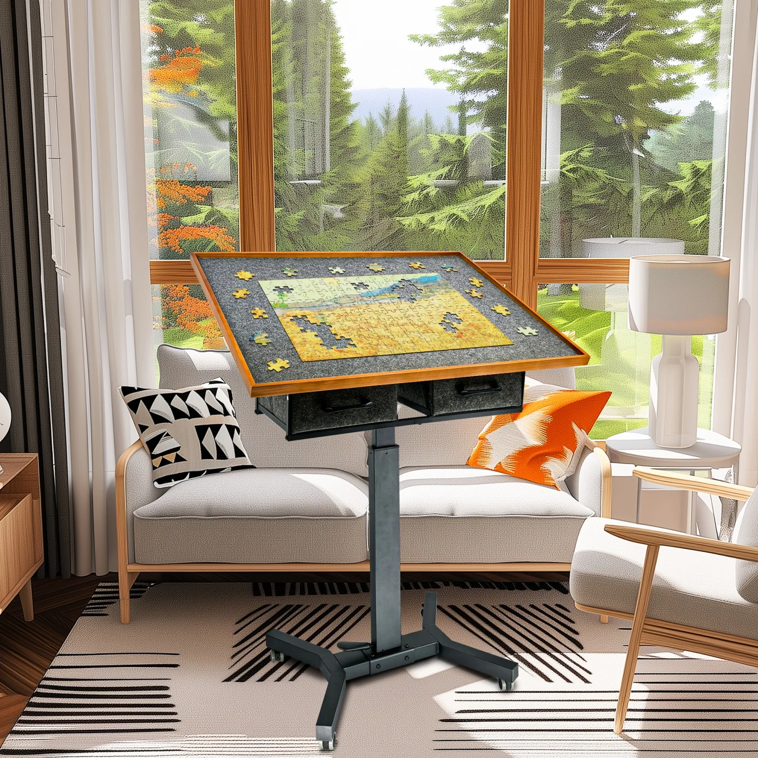 for Adults, with Adjustable Tilting Angle and Wheels, Metal Legs, Storage Drawers, Portable Cart,1500 Pieces Jigsaw Puzzle Table