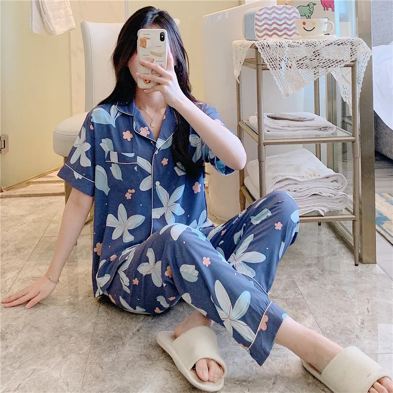 Pajamas Women Summer Short Sleeve Print Sleepwear Homewear Kawaii Korean Style Pajamas Set Home Clothes