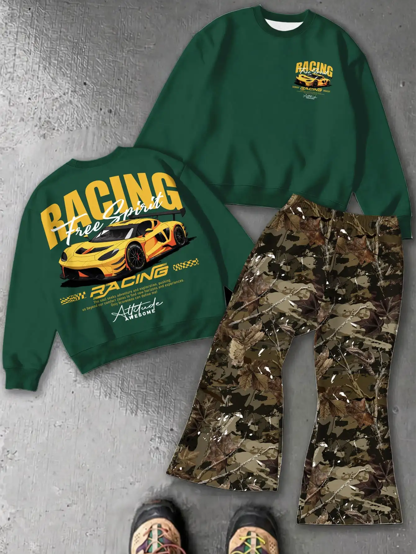 Young Boys Autumn New Casual Minimalist Loose Comfortable Crew Neck Sweatshirt And Flare Pants 2 Pieces Set, Classic Handsome Retro Racing Graphic Print, Suitable For Sports, Streetwear, Y2K