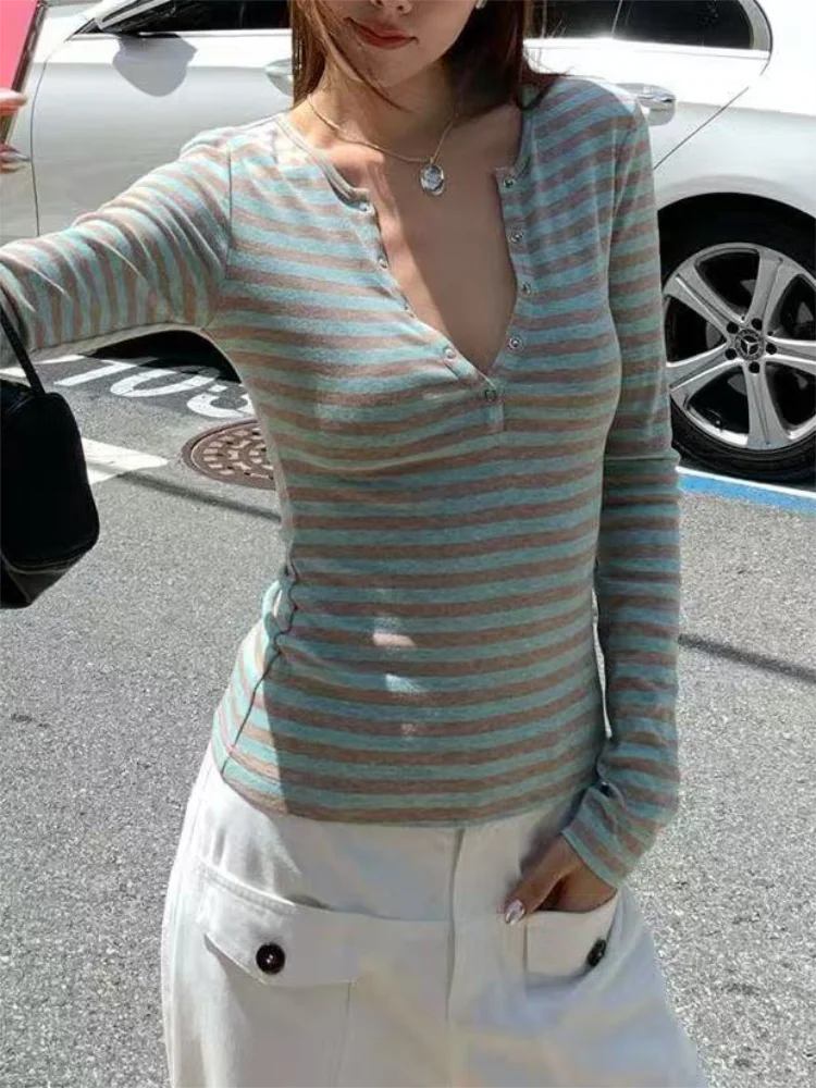 Magliette carine a righe vintage donna moda coreana pulsante fata maglietta Grunge Y2K vestiti Casual autunno inverno streetwear top