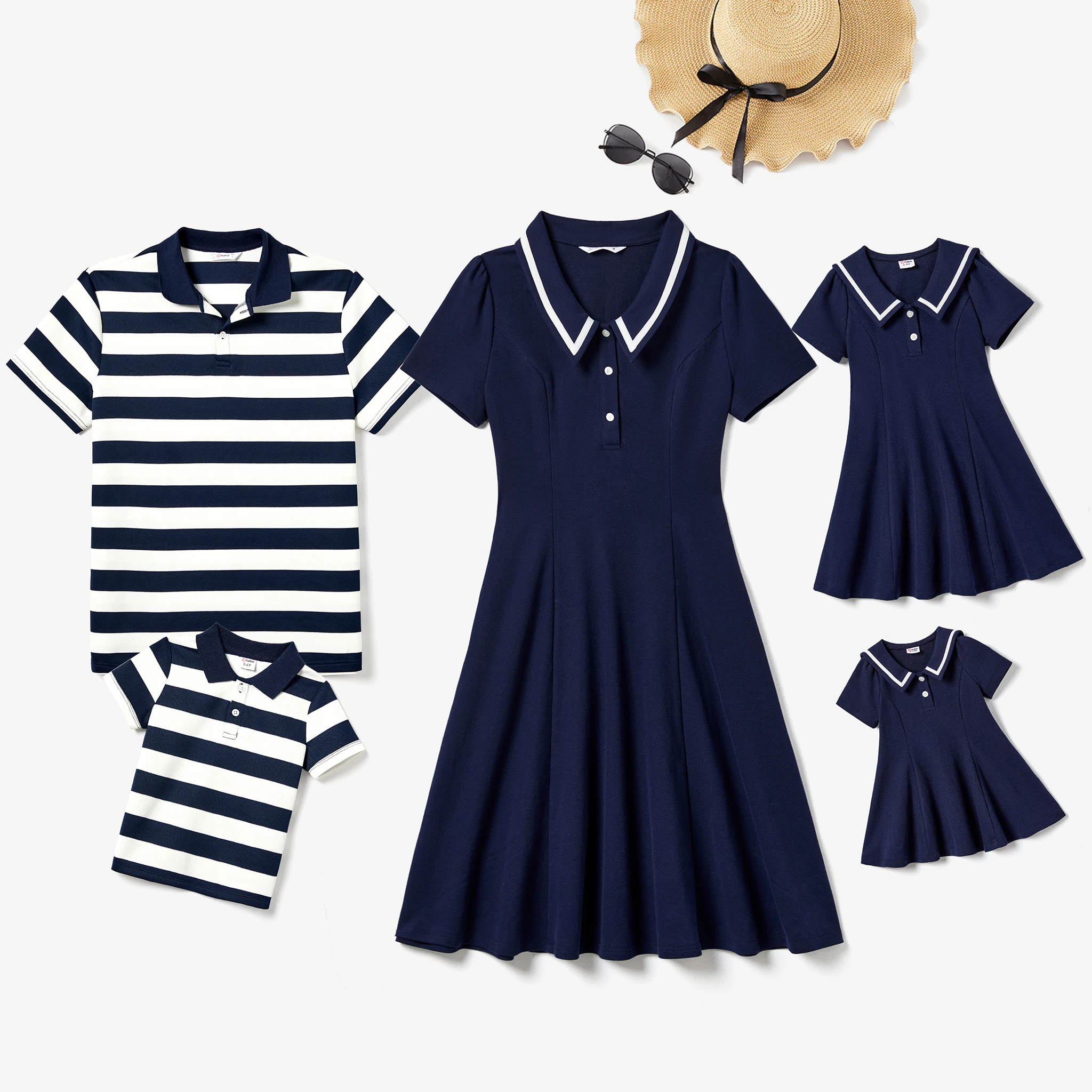 PatPat Family Matching Casual Navy Blue Short-sleeve Stripes Polo Shirts and Solid Sailor Collar Smocked Hem Dresses Sets