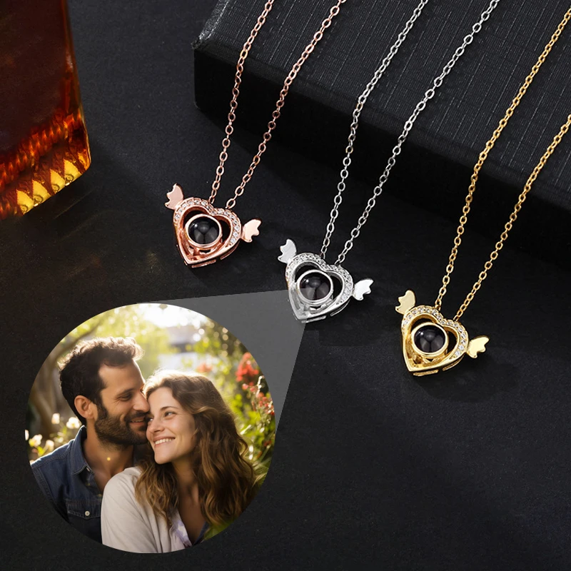 

Цветная фотопроекция на заказ, кулон в форме сердца и крыла, ожерелье, цепочка из нержавеющей стали, подарок на день Святого Валентина, годовщина, пара, свадьба