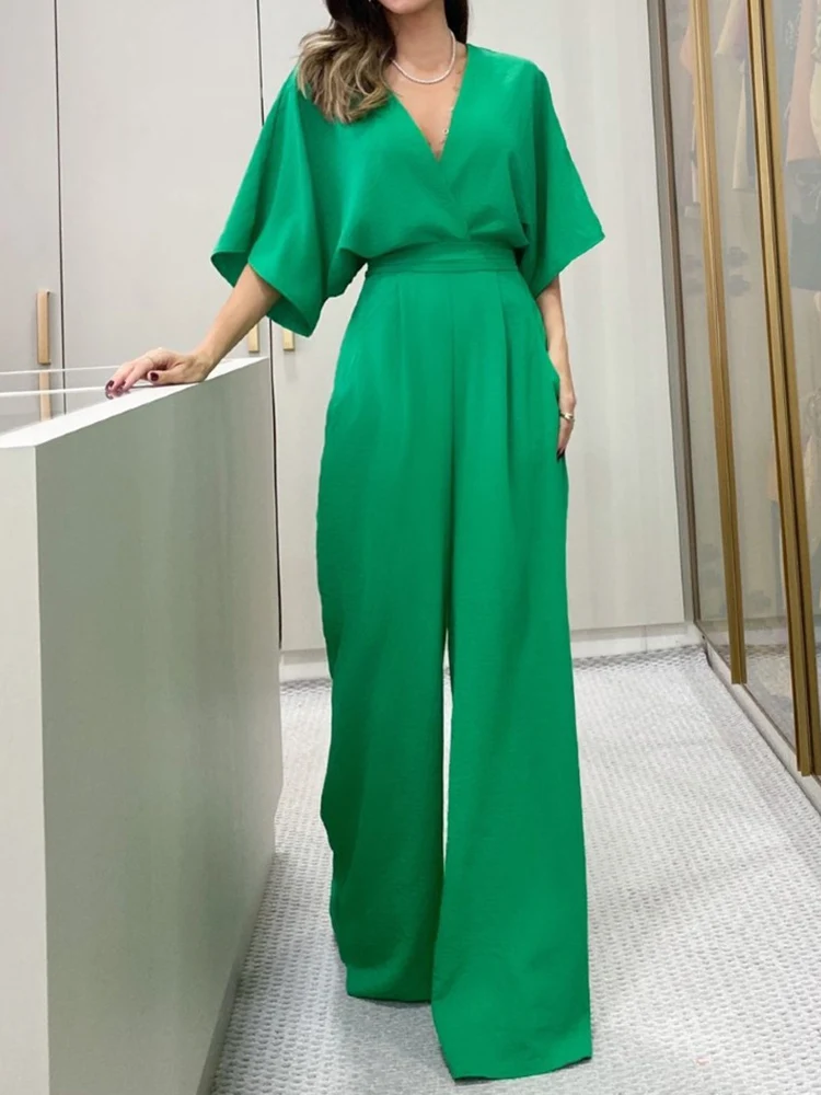 

England Style V Neck Women Solid Jumpsuits Elegant Office Female High Waist Rompers Summer Backless Hollow Out Casual Overalls