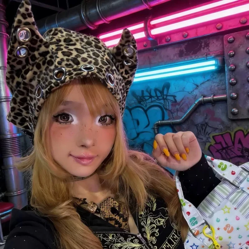 Punk Leopard Fluffy Devil Horn Beanie Hat, Women Y2K Metal Ring Thermal Plush Pullover Hat,Winter Windproof Warm Streetwear Hat
