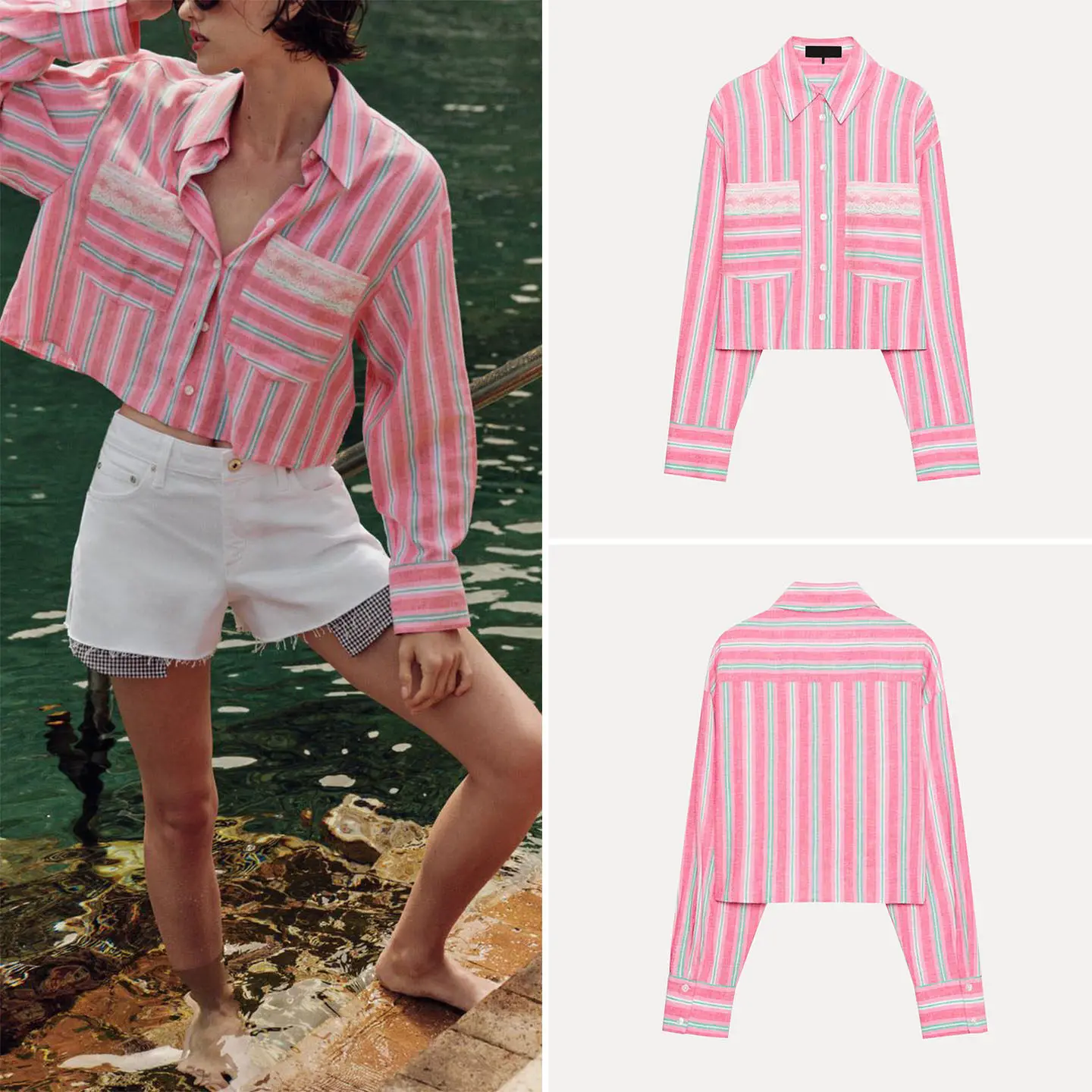 

Women's Summer 2026 New Style Long Sleeve Collared Lace Detail Short Shirt Loose Fit Striped Pattern Button Closure Casual Top
