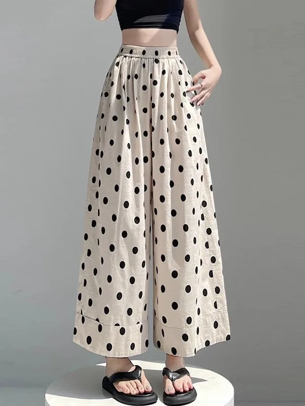 Summer Thin Cotton Linen Wide Leg Pants Women's High Waist Loose Drapey Straight Cut Nine Point Casual Pants Polka Dot Pattern