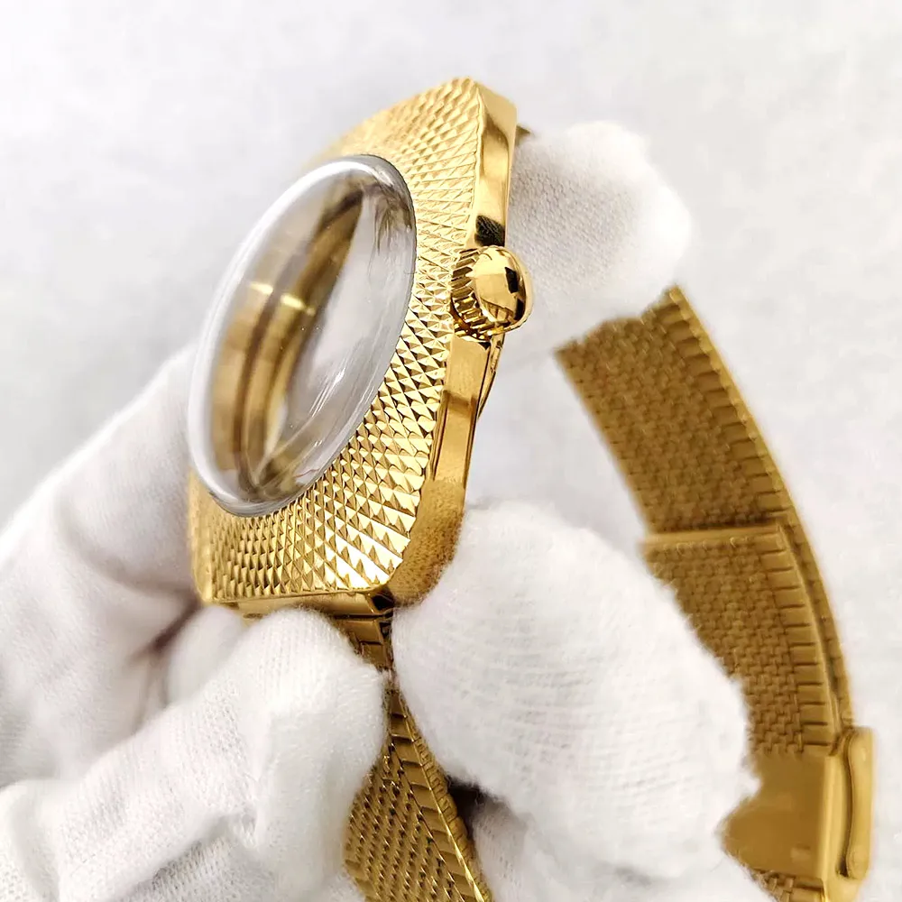 36.5mm Gold Vintage Watch Case for NH35 NH36 Double Domed Acrylic Engraved See Through Back 5ATM Watch Case