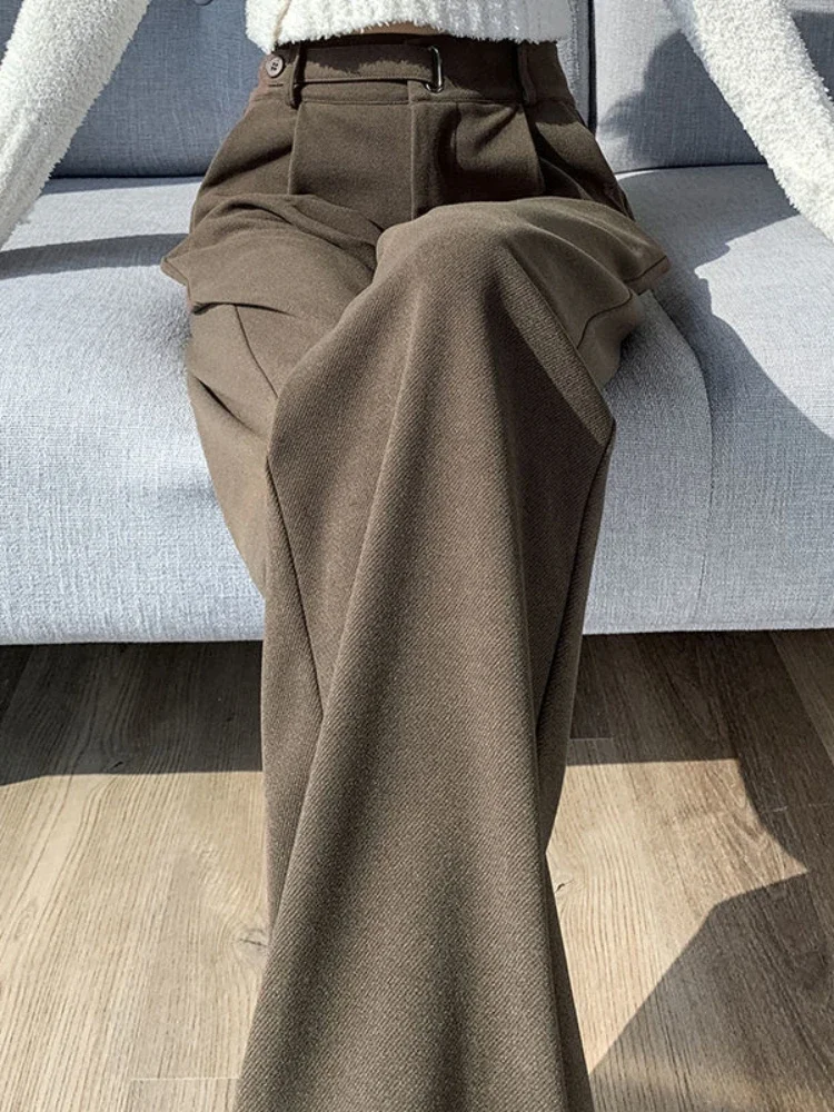 

Brown Woolen High-end Suit Pants for Women in Autumn and Winter 2024 New Narrow Version Straight Wide-leg with Drape Z240