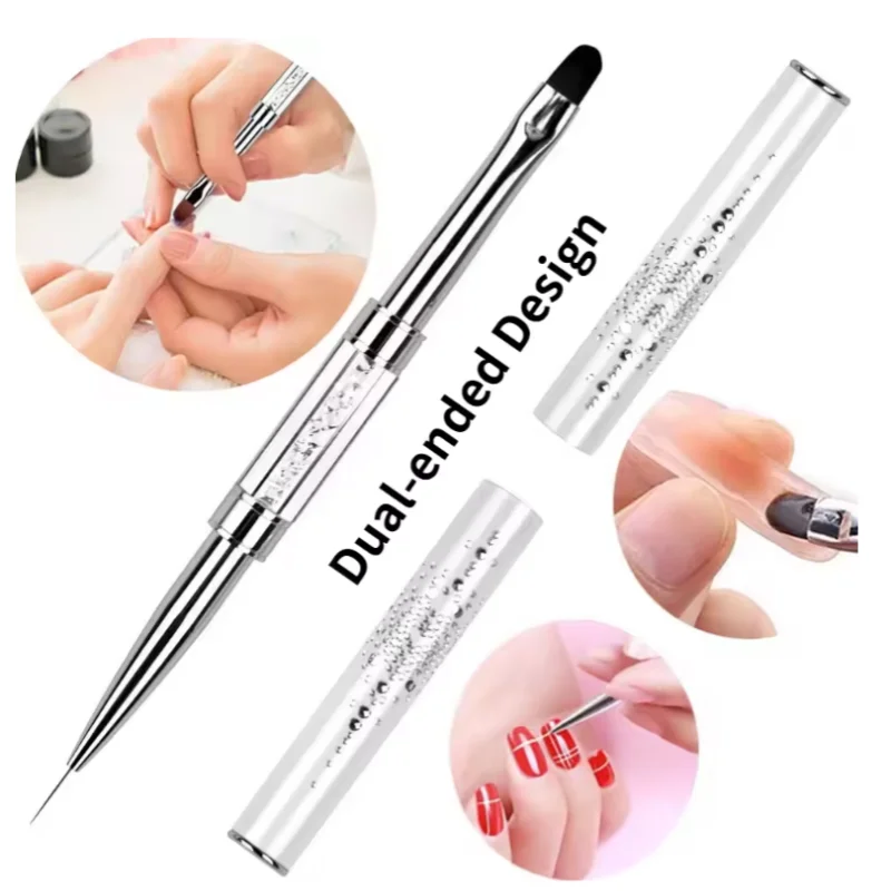 Pincel Profissional de Gel Construtor de Ponta Dupla com Cabo de Strass - Para Ponta Francesa, Delineador de Gel, Ferramentas de Manicure
