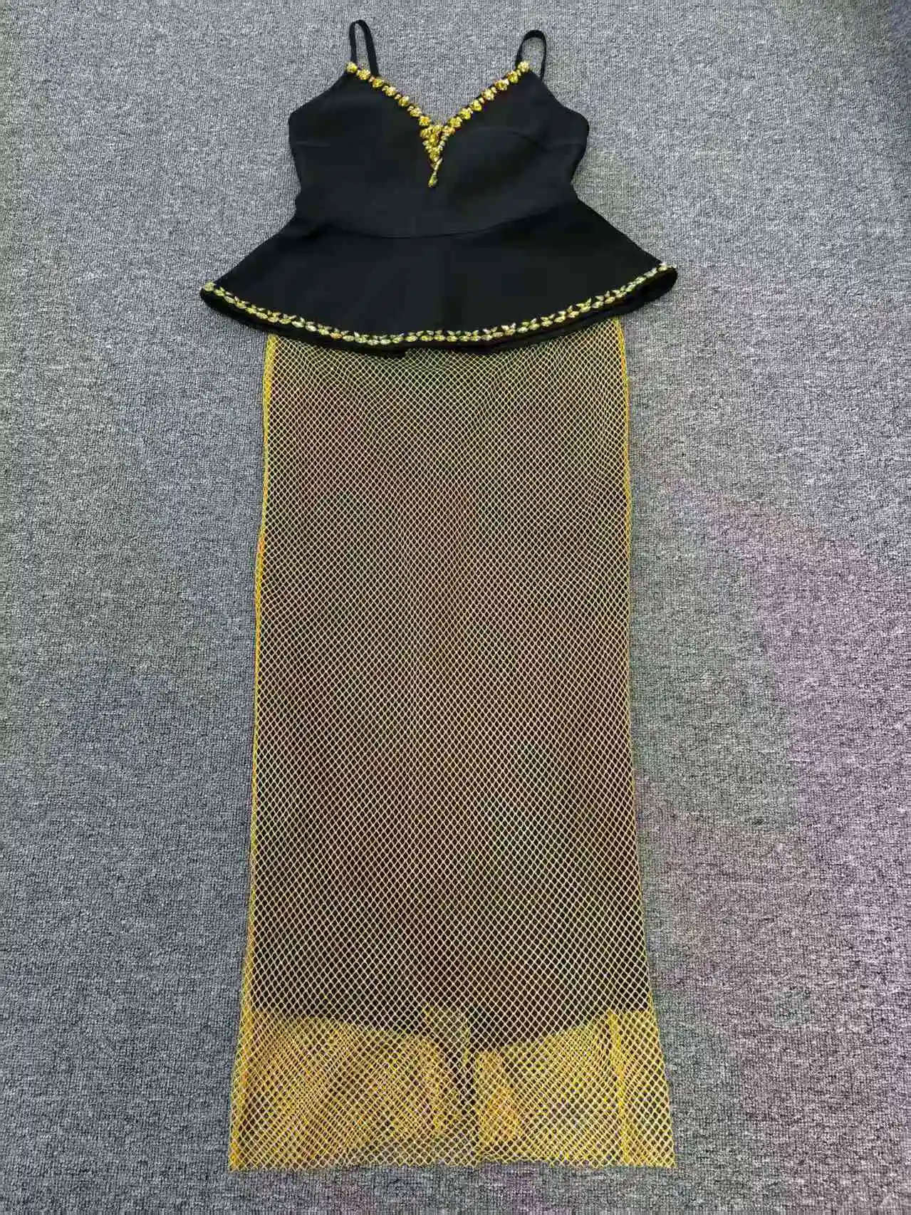 Vestido de noche tipo vendaje con falda de malla de lentejuelas negra y dorada desmontable, vestido de fiesta Formal recto transparente con tirantes finos ​