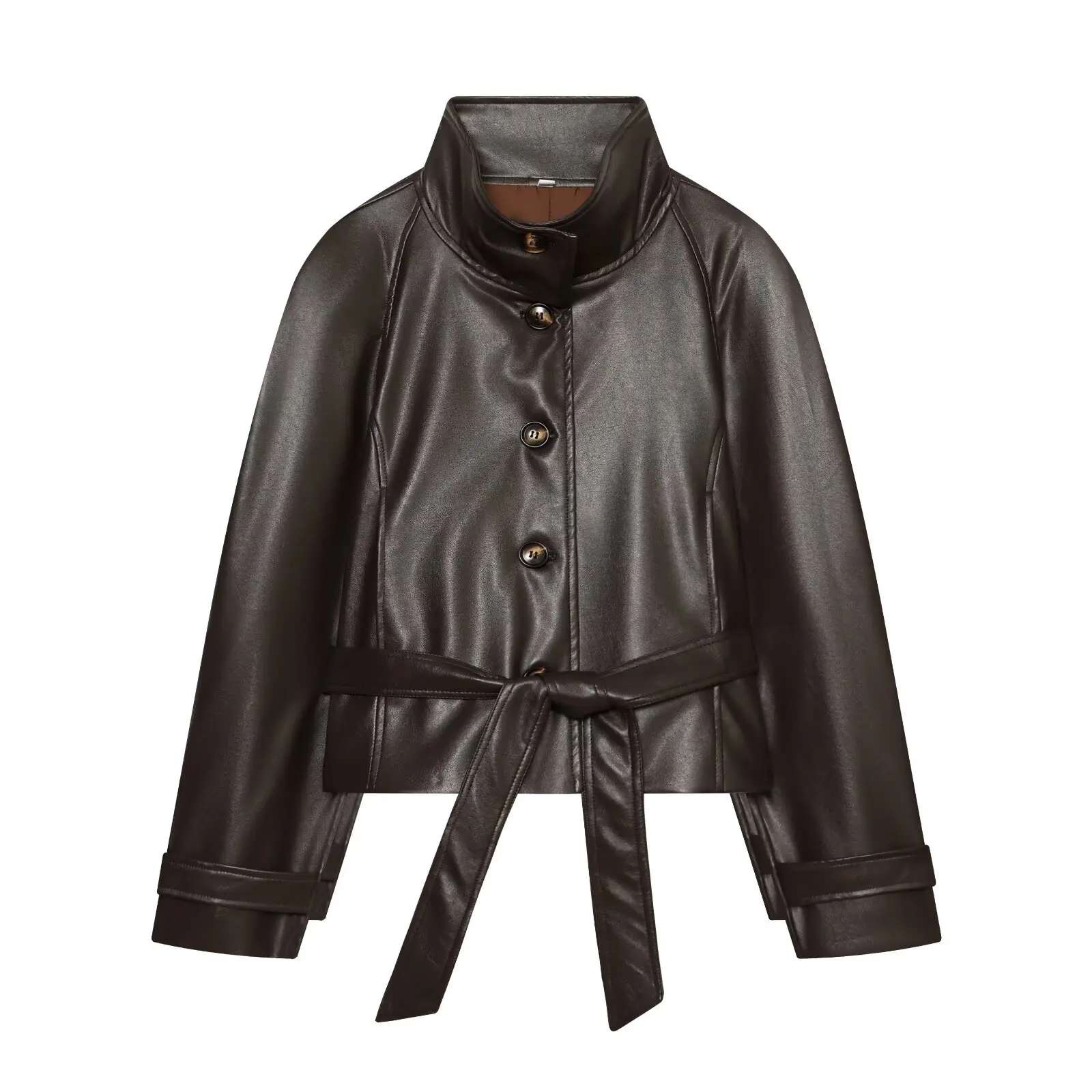 Guobioziy Glossy Shoulder-Patch Faux Leather Jacket with Belt Padded Shoulders 2026 Fall Women's Fashion Casual Leather Coat