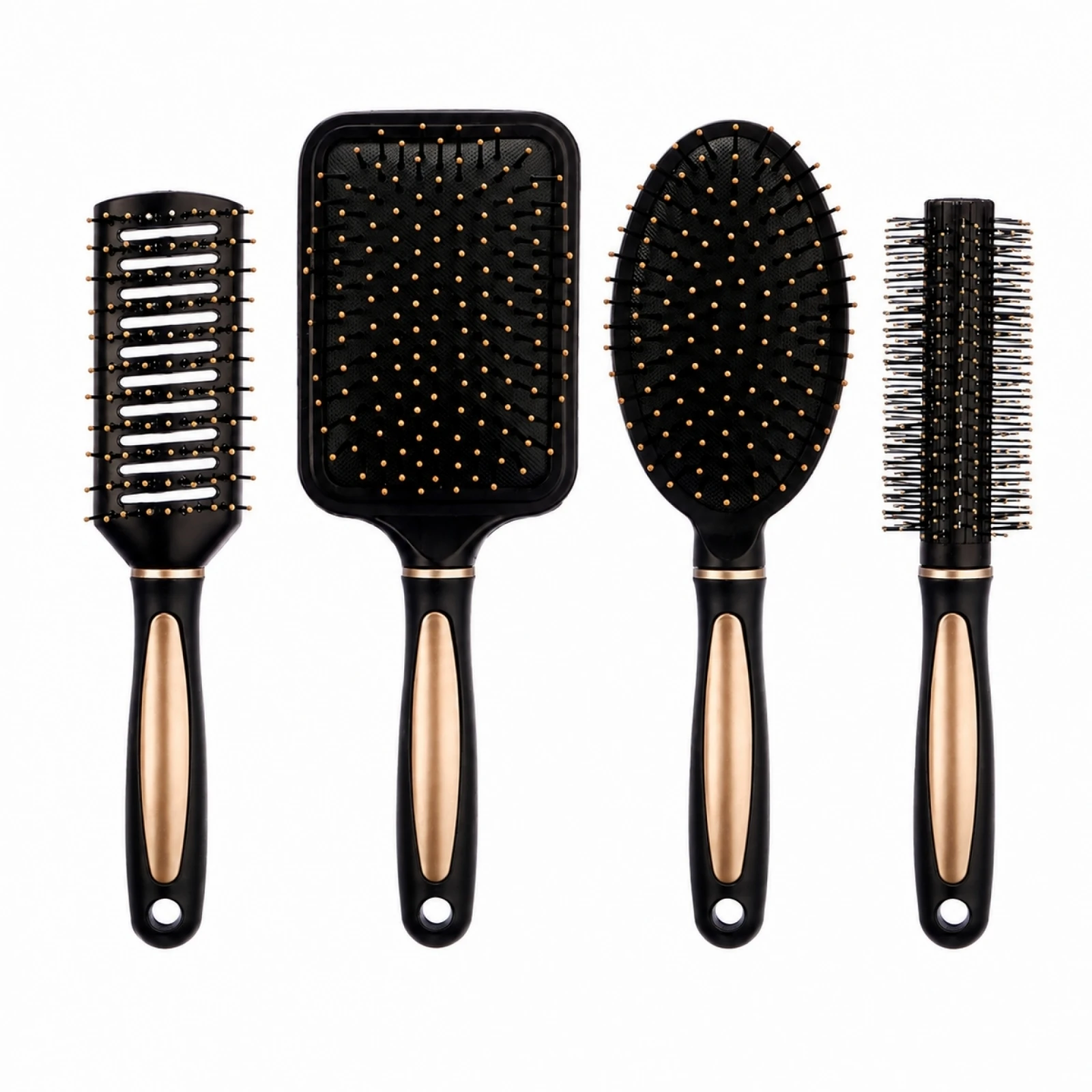 Ensemble de 4 brosses à cheveux professionnelles pour démêler et coiffer, kit de coiffure avec brosse ronde pour donner du volume, brosse plate et brosse à poils aérés, couleur noire et or.