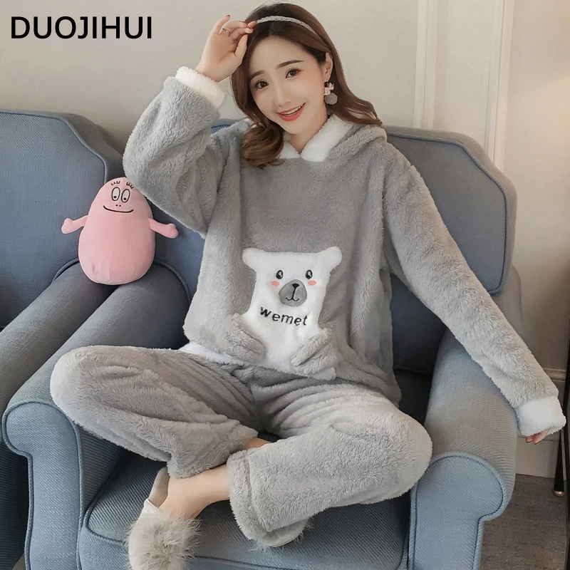 DUOJIHUI-Ensemble de pyjama imprimé lettre Chicly pour femme, pull à capuche, pantalon simple basique, mignon, mode hiver