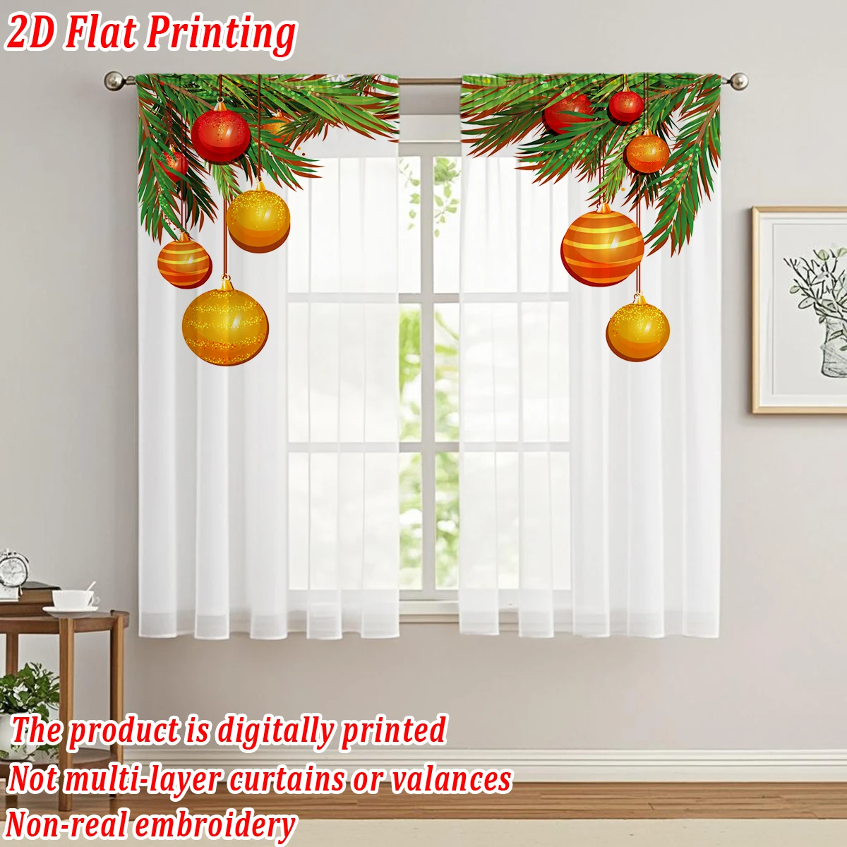 Christmas Flat Printing Kitchen Sheer Curtain with Merry Christmas Ball Pine Branch For Christmas Home Decor  Party