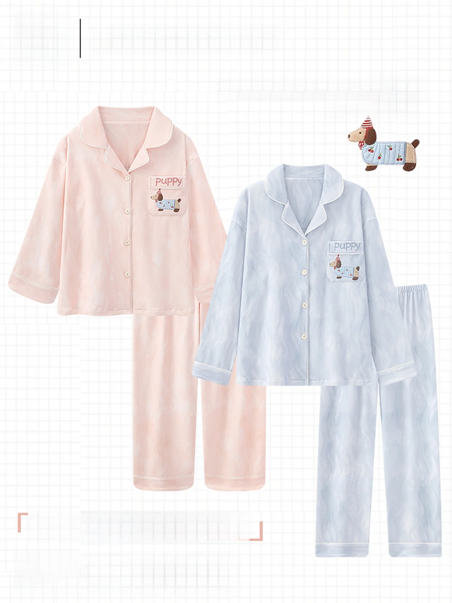Couple's Long Sleeve Flannel Pajamas Cartoon Dachshund Design Autumn Winter Home Clothes Thickened Soft Polyester Fiber