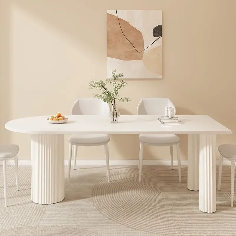 French Cream Rockboard Dining Table Set Minimalist Round Long Strip Retro Style Small Apartment Home Office Commercial Use
