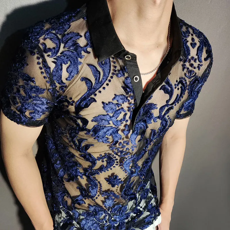 Transparent Blue retro court Floral polo Masculine Soft Velvet Slim Men's Clothing Nightclub Short-sleeved Sexy polo See Through