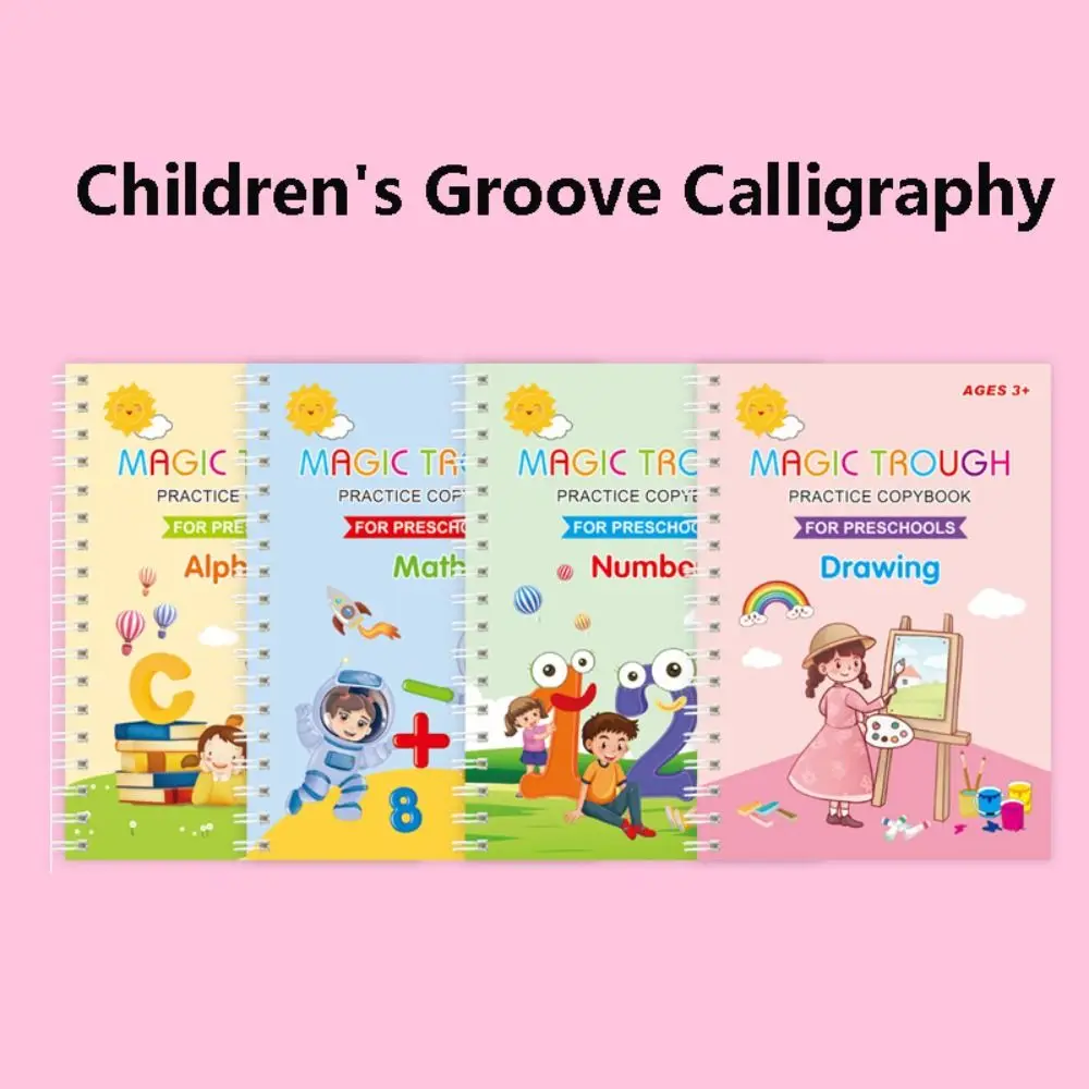 4pcs Learning Math English Calligraphy Copybook Montessori Letter Magical Traning Workbook Practice Control Pen Stationery Set