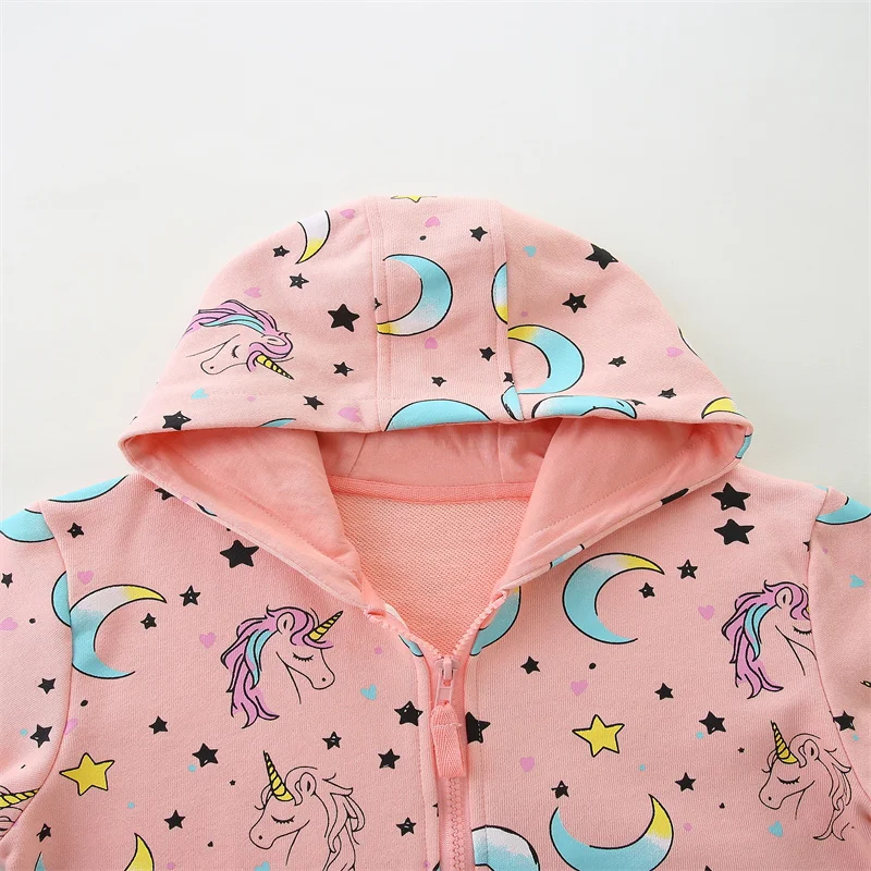 Kurtki dziecięce z kapturem i zamkiem błyskawicznym, popularne wiosenne ubrania dla dziewczynek: skaczące metry, księżyc, jednorożec, jesienne okrycia wierzchnie.