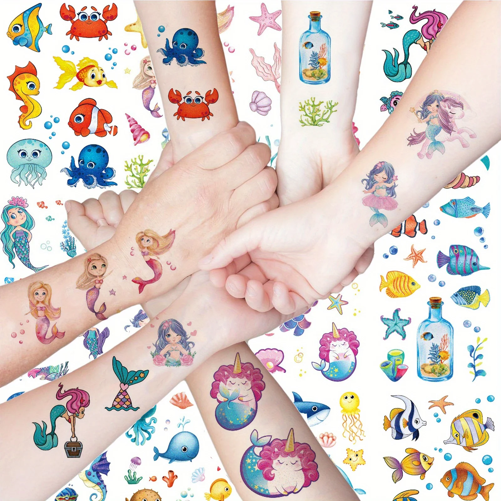 12 Lembar Stiker Tato Glitter Putri Duyung Hewan Laut Stiker Tato Temporer, Desain Lucu Tahan Air Palsu untuk Bawah Air