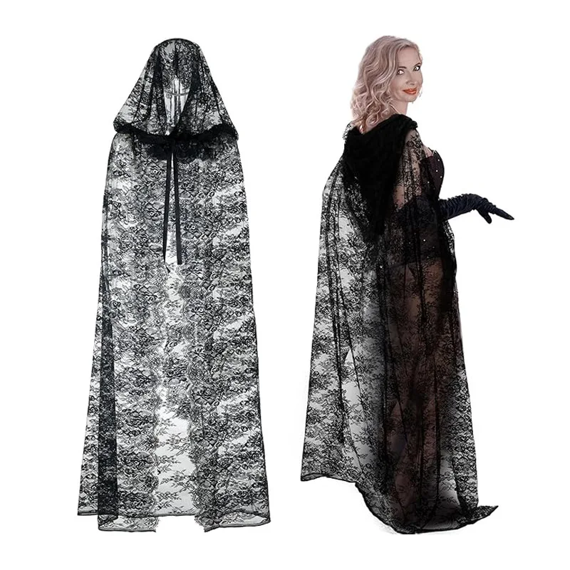 

Women Lace Cape Bridal Shawl Sexy Long Coat Halloween Party Hooded Lady Stage Medieval Retro Casual Jacket New Cos Performance