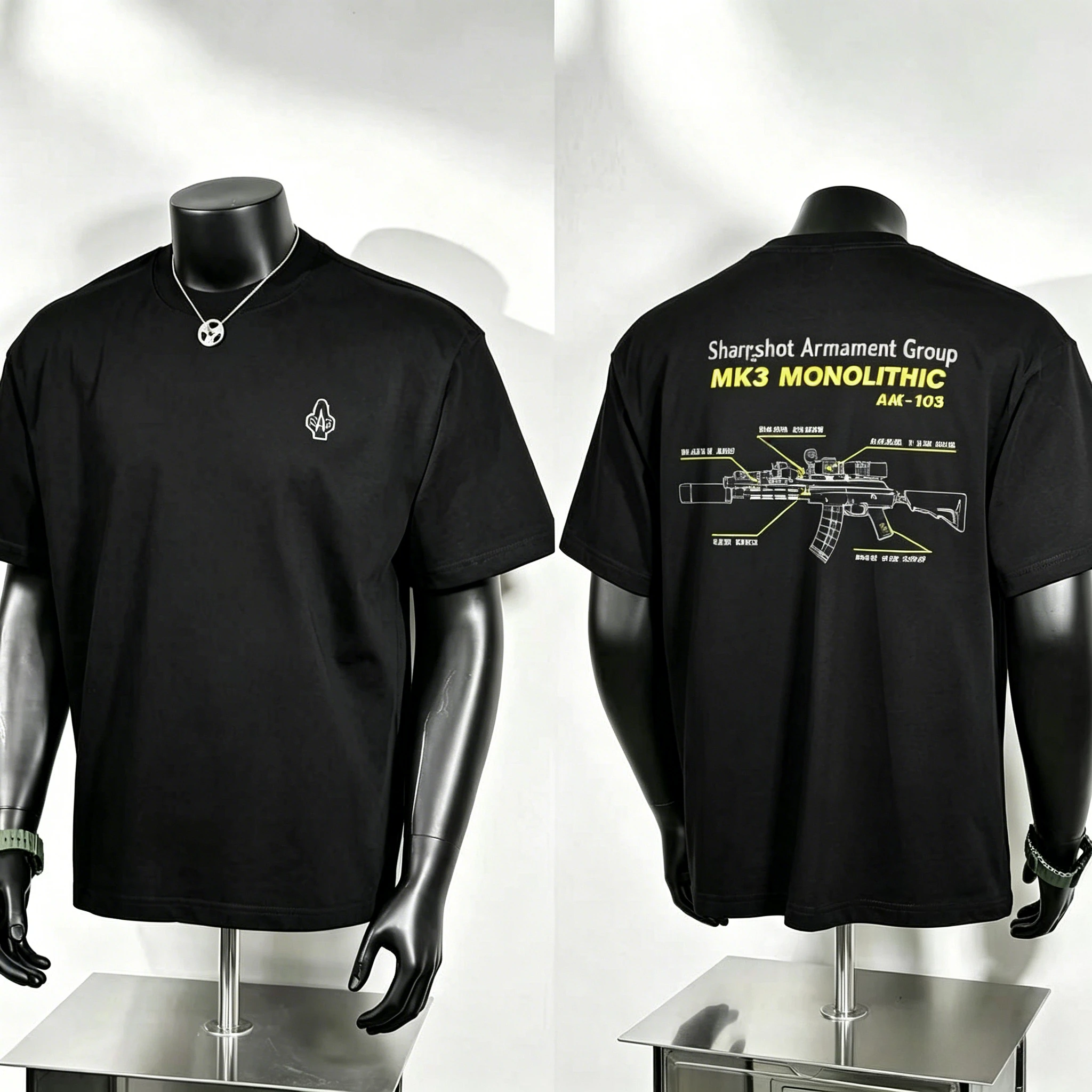 MK3 Monolithic Gun Blueprint Graphic T Shirt, Minimal Gesture Icon Chest Logo and Large AAK‑103 Firearm Exploded Line Drawing
