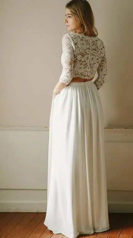 Bohemian style minimalist sexy revealing waist two-piece wedding dress with back button lace chiffon dress customization