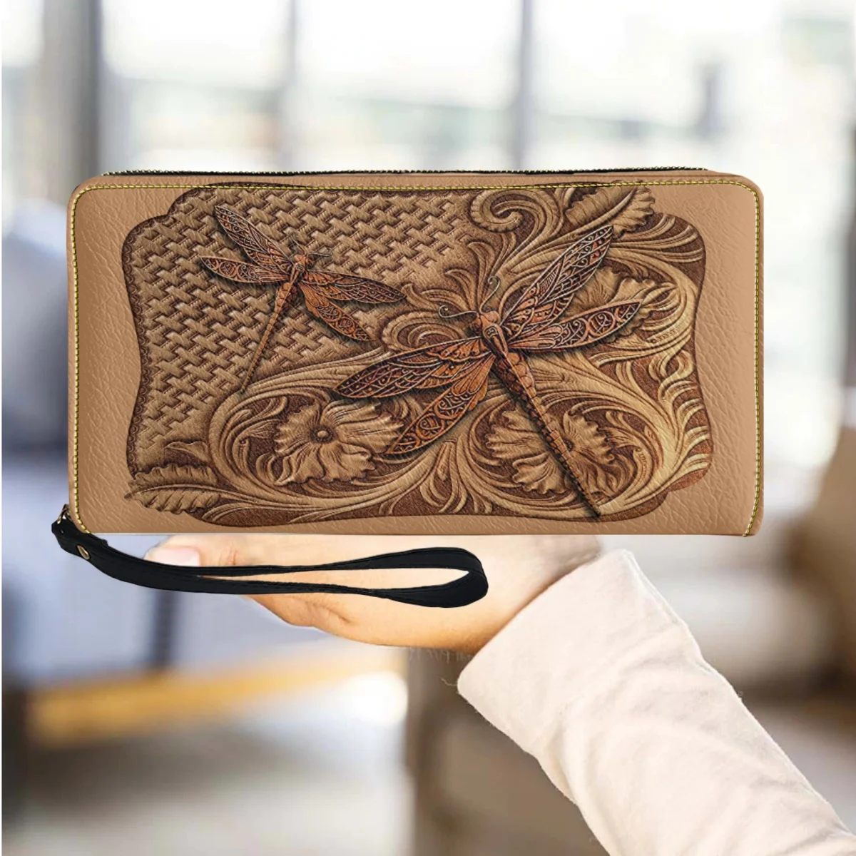 Personalized Vintage Dragonfly Design Ladies Clutch Fashion Portable Long Wrist Zipper Wallet Travel Party Commuter Card Holder