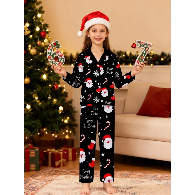 Girls Lapel Pajama Set Long Sleeve Nightwear, Assorted Christmas Donut Dog Cartoon Prints, Perfect Birthday Xmas Gift