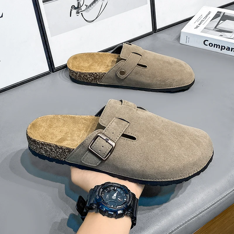 Boken Shoes Thick Cow Suede Men's Cork Slippers Women's Classic Flat Sandals Thickened Cow Suede Cap-Toe Shoes